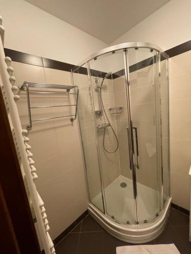 a shower in a bathroom with a glass shower stall at Apart Swinoujscie in Świnoujście