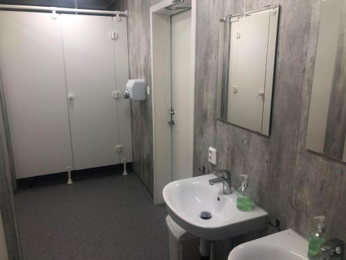 a bathroom with a sink and a toilet and a mirror at Trysilelva Camping & hytter in Trysil