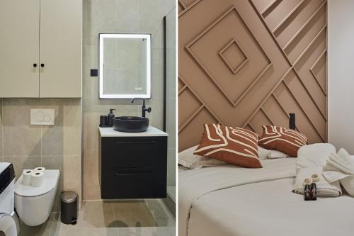 two pictures of a bathroom with a bed and a mirror at Apartment Notre Dame de Paris by Studio prestige in Paris