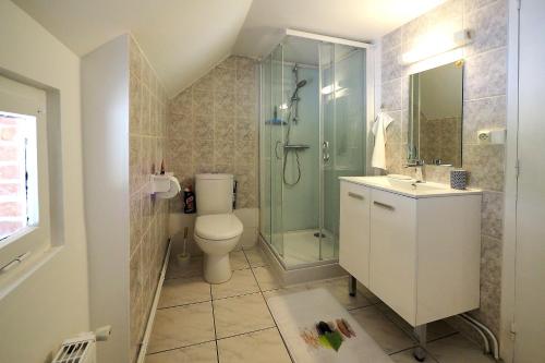 y baño con ducha, aseo y lavamanos. en La Mésangère, en Marcilly-sur-Eure