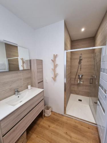 une salle de bain avec une douche, un lavabo et une baignoire dans l'établissement Villa Marlilou-3 minutes à pied de la plage, à Merville-Franceville-Plage