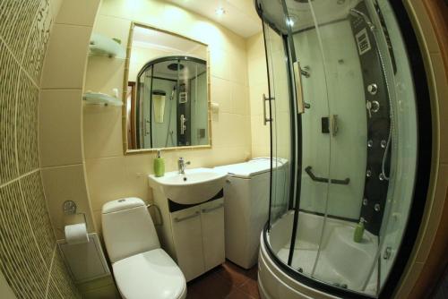 a bathroom with a toilet and a sink and a shower at Dex in Krakow