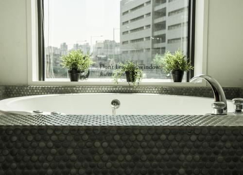 a bath tub with two potted plants in a window at 31page in Seoul