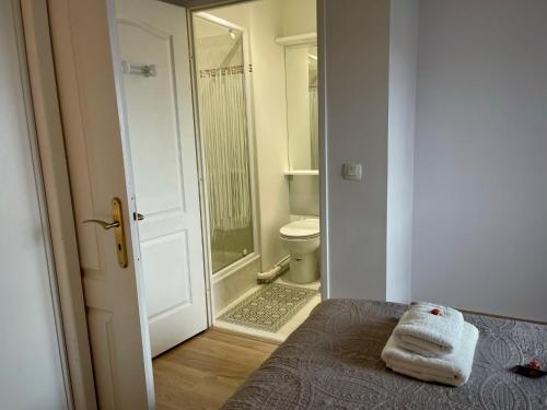 Cette chambre comprend un lit et une salle de bains pourvue de toilettes. dans l'établissement Family's Appartement Disney Paris , 2 Parking, à Serris