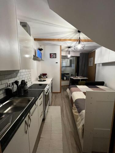 - une cuisine avec un évier et un comptoir dans l'établissement Apartamento matriz, à Póvoa de Varzim