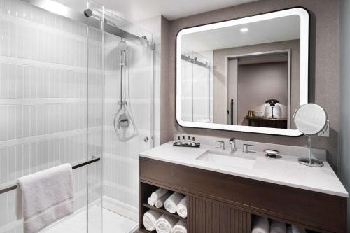 a bathroom with a sink and a mirror at Hyatt Regency Coralville in Coralville