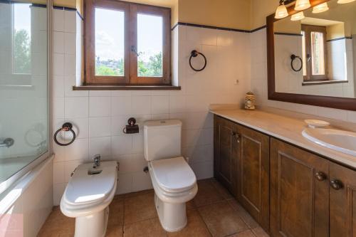 y baño con aseo, lavabo y espejo. en Caseta Pont de Sant Martí, en Guils de Cerdaña