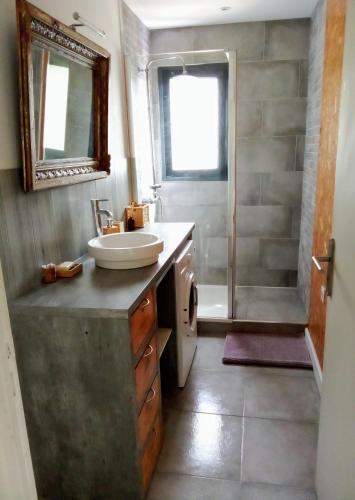 une salle de bain avec un lavabo et une douche dans l'établissement T3 en rez de villa sur les hauteurs d'Ajaccio, à Ajaccio