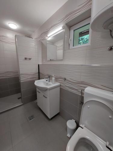 a white bathroom with a sink and a toilet at Szépasszonyvölgy Apartman in Eger