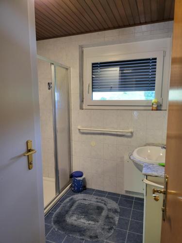 a bathroom with a shower and a sink at Ferienhaus Zangl am Seggauberg - Südsteiermark in Leibnitz