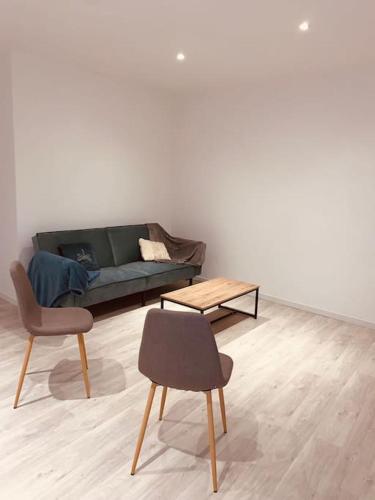 een woonkamer met een groene bank en een tafel bij Superbe appartement en rez-de-chaussée in Roanne