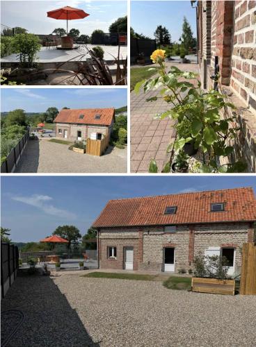 deux photos d'une maison et d'un bâtiment avec un parapluie dans l'établissement LA GRANGE, à Cocquerel
