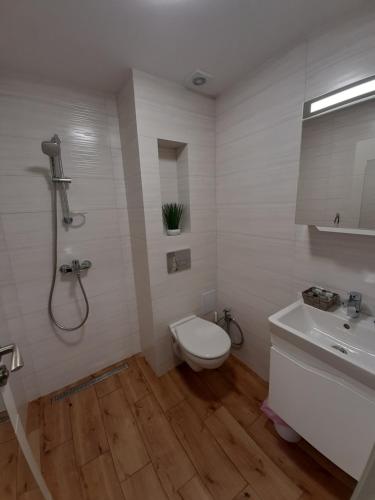 a bathroom with a toilet and a sink and a shower at Апартамент ДОРА in Kazanlŭk