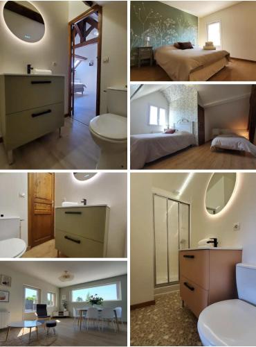 un collage de photos d'une chambre et d'une salle de bains dans l'établissement LA GRANGE, à Cocquerel