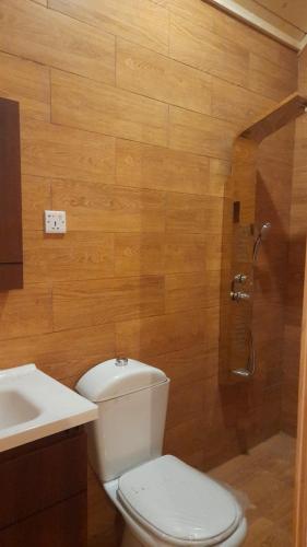 a bathroom with a shower and a toilet and a sink at Royal Tours Cottages in Umm Lujj