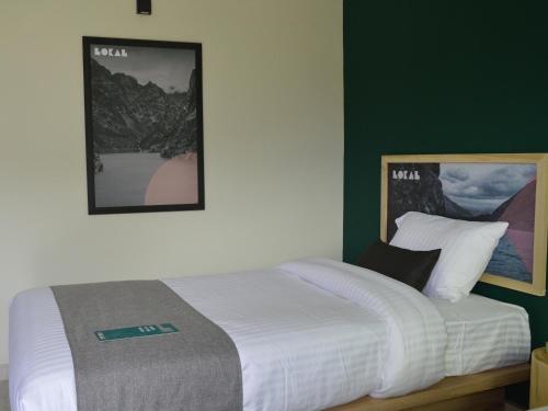 a bedroom with a bed and a green wall at LOKAL Rooms x Hunza Altit Fort in Hunza