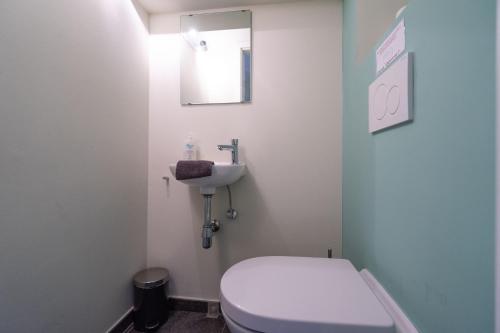 a bathroom with a white toilet and a sink at Le Jardin du vieux moulin 6b in Rendeux