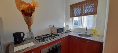 a kitchen with a stove and a sink and a microwave at Coco Lux Studio Grand Baie in Grand Baie