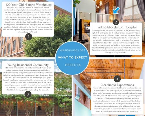 a collage of pictures of a building at Trifecta 2BR Free Parking Modern Superhost in Durham