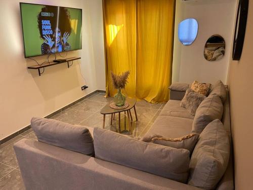 uma sala de estar com um sofá e uma televisão de ecrã plano em Maison avec jacuzzi em Orange