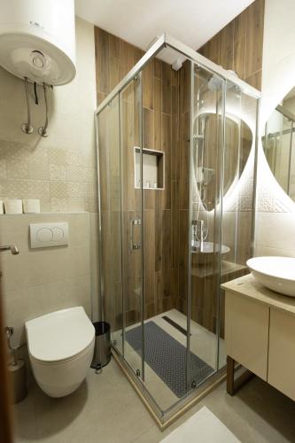 a bathroom with a shower and a toilet and a sink at Hotel M Star Novi Pazar in Novi Pazar