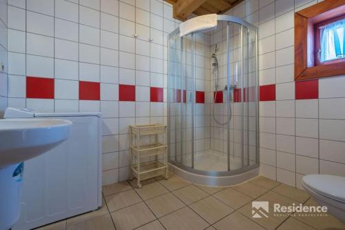 a bathroom with a shower and a sink and a toilet at Chata Ellas in Vyšné Malatíny