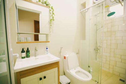 a bathroom with a toilet and a sink and a shower at Da Lat Apartments in Da Lat