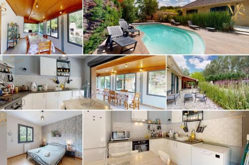 un collage de photos d'une maison avec une piscine dans l'établissement Charmante maison avec parc arboré & piscine au sel, à Saint-Laurent-des-Hommes