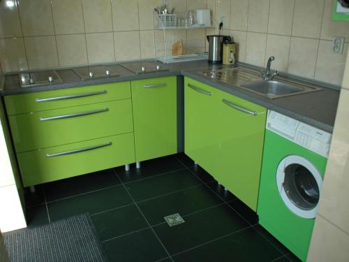 a green kitchen with a sink and a washing machine at Cottage in Cisowo near Baltic Coast Beach in Cisowo