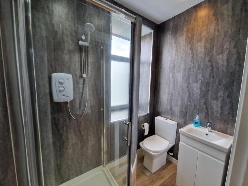 ein Bad mit einer Dusche, einem WC und einem Waschbecken in der Unterkunft Apartment 4 Tynte Hotel. Mountain Ash. Just a short drive to Bike Park Wales in Quakers Yard