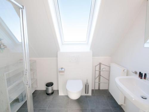 een witte badkamer met een toilet en een wastafel bij Modern design lodge with combi microwave, in national park in Tholen