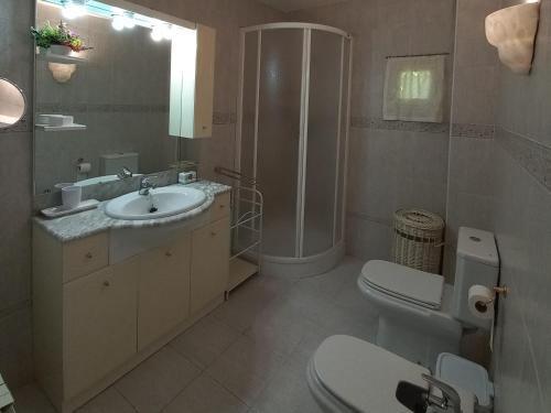 a bathroom with a sink and a shower and a toilet at Casa Rural en Naval, Torre San Rafael in Naval