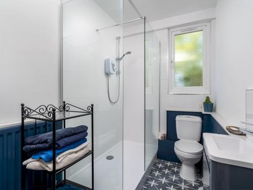 a bathroom with a shower and a toilet and a sink at Pass the Keys Charming 3 bed house with parking and large garden in Radlett