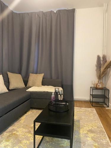 un salon avec un canapé et une table basse dans l'établissement AgíaHouse - Aubervilliers, à Aubervilliers