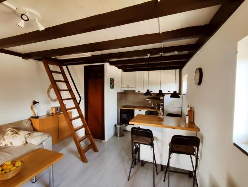 a kitchen and living room with a loft conversion at Mrežnica - Zelena oaza in Generalski Stol