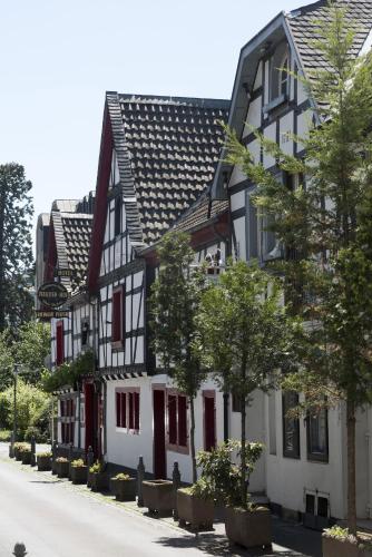 a row of black and white houses on a street at Maritim Hotel Königswinter in Königswinter