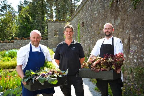 three men are holding containers of flowers in a garden at Parknasilla Resort & Spa in Sneem