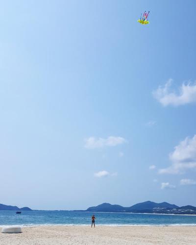 a person standing on a beach flying a kite at Lucky Spot Beach Bungalow in Song Cau