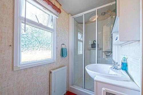 baño con lavabo, ducha y ventana en Caravan at Ysgubor, en Tregarth