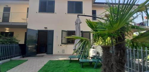 錫羅洛的住宿－Casa Mia Sirolo，绿色长凳和棕榈树的房子