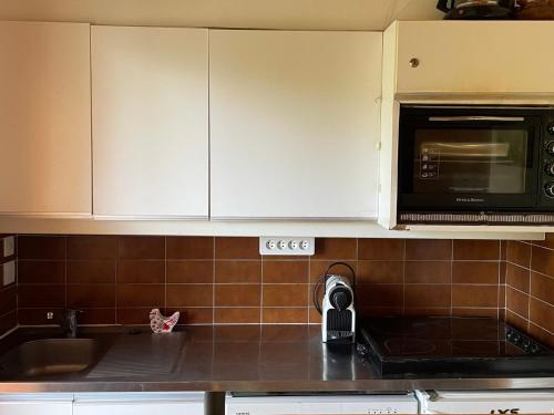 un comptoir de cuisine avec un évier et un micro-ondes dans l'établissement Appartement 3 pièces à Méribel Altiport - Pied des pistes, proche golf, pour 6 personnes - FR-1-411-706, à Les Allues
