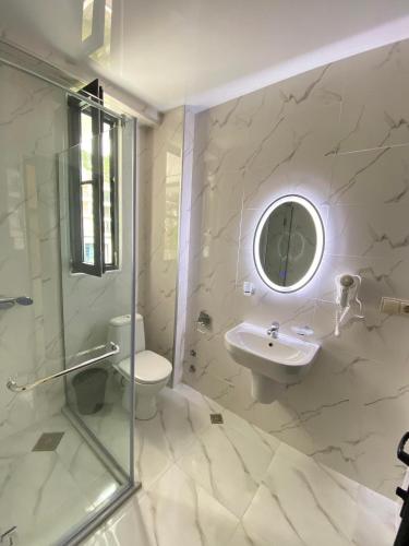W łazience znajduje się umywalka, toaleta i lustro. w obiekcie Panorama Bajo Shekvetili w mieście Shekhvetili