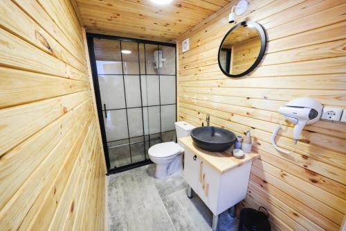 bagno con servizi igienici, lavandino e specchio di Pavlonyaguestfarm a Marmaris