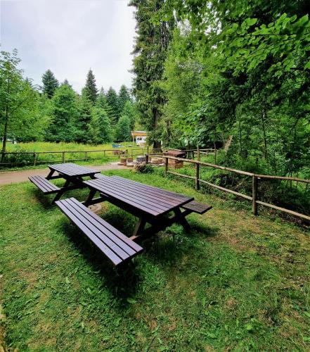 a picnic table in the grass in a park at KOKICHE 4 Friends, Borovets in Borovets