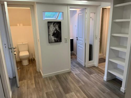 La salle de bains est pourvue de toilettes et d'un couloir avec des étagères. dans l'établissement Maison avec jardin au cœur de Vernon, à Vernon