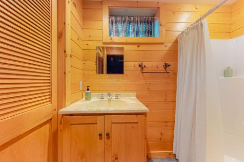a bathroom with a sink and a shower at Tumblehome Cabin in Rangeley