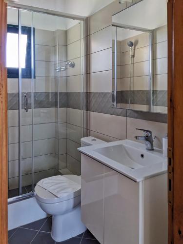 a bathroom with a toilet and a sink and a shower at Spacious Holiday House with Shared Pool in Hanioti