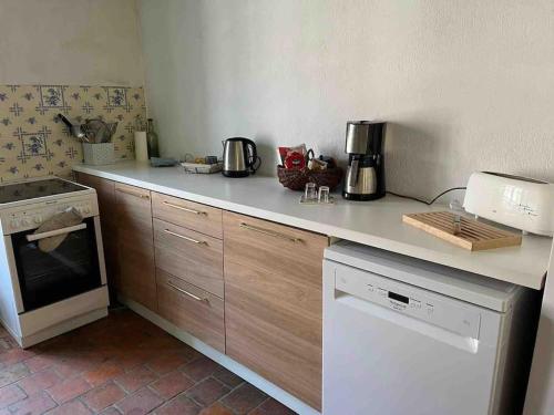 une cuisine avec un comptoir avec une cuisinière et un four dans l'établissement Maison de famille - grand jardin clos - 15mn du zoo de Beauval, à Selles-sur-Cher