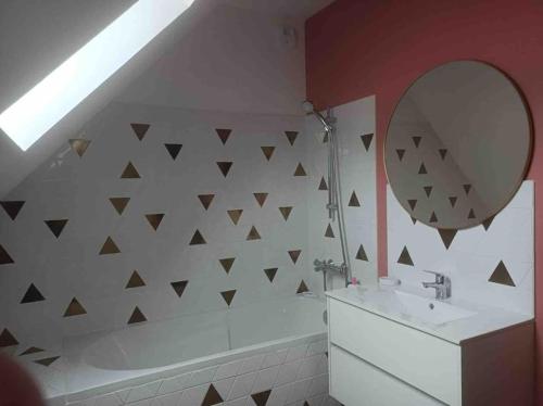 une salle de bain avec un lavabo et un miroir dans l'établissement Maison de famille - grand jardin clos - 15mn du zoo de Beauval, à Selles-sur-Cher