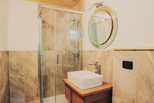 a bathroom with a shower and a sink and a mirror at Wild Side in Mollia